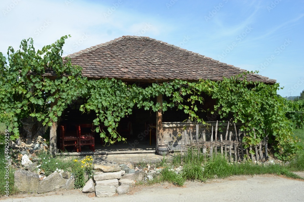 an old wooden house overgrown with plants an old wooden house overgrown with plants