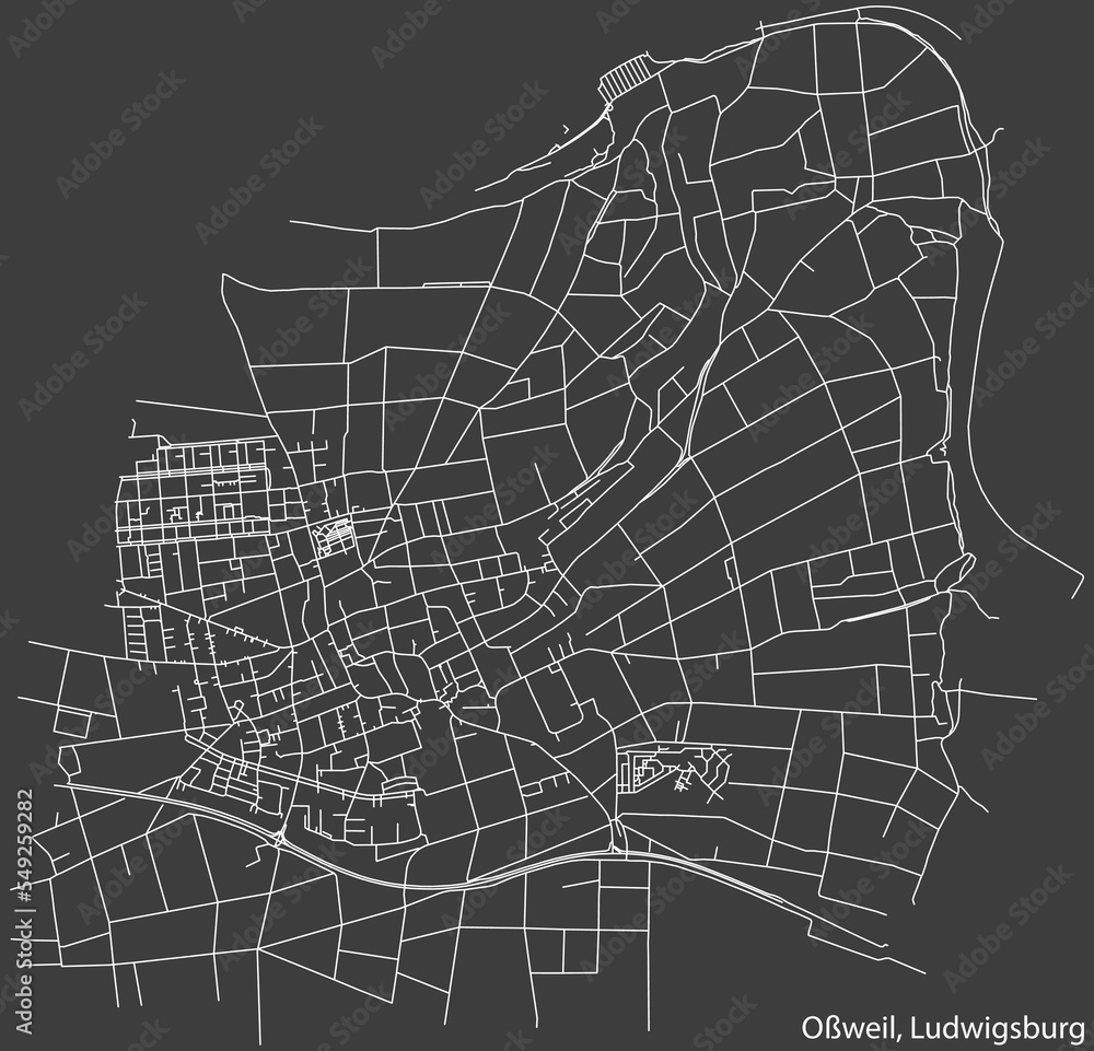 Detailed negative navigation white lines urban street roads map of the OSSWEIL MUNICIPALITY of the German regional capital city of LUDWIGSBURG, Germany on dark gray background