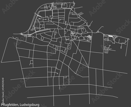 Detailed negative navigation white lines urban street roads map of the PFLUGFELDEN MUNICIPALITY of the German regional capital city of LUDWIGSBURG, Germany on dark gray background