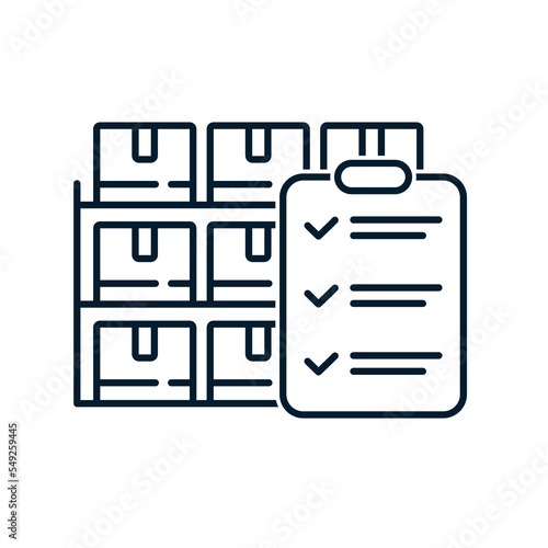 Inventory concept, wholesale warehouse, goods checklist, box shelf, storage, inventory. Vector icon isolated on white background.