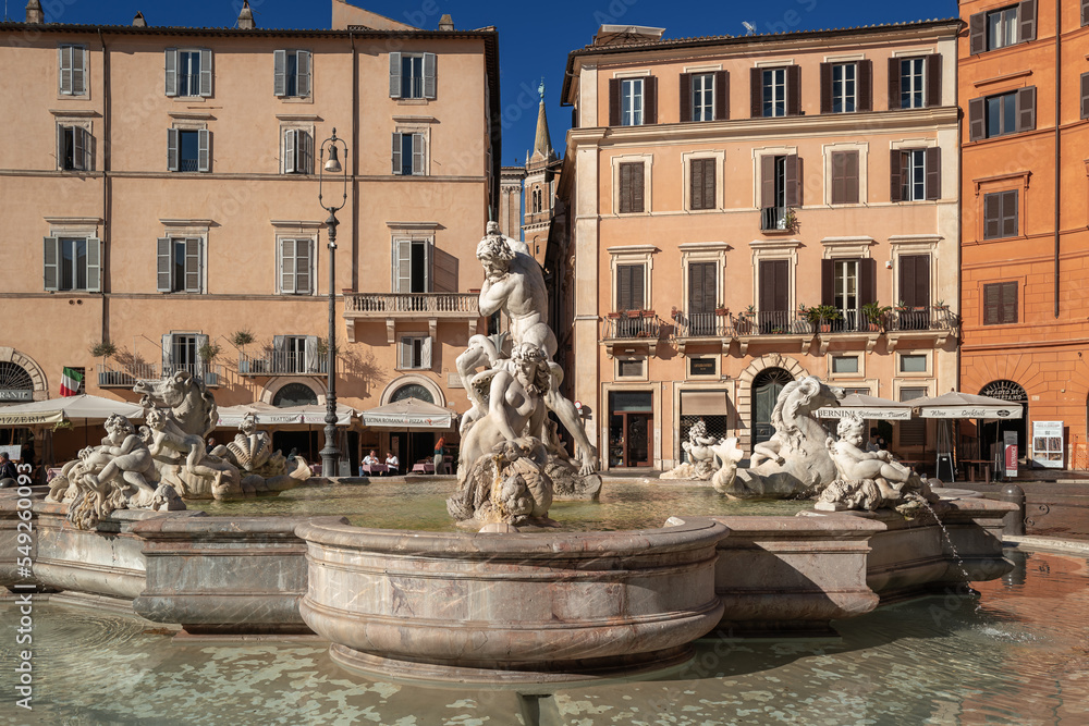 Rome, Italy- November 2022: Quatro Fiumi fountain in Piazza Navona