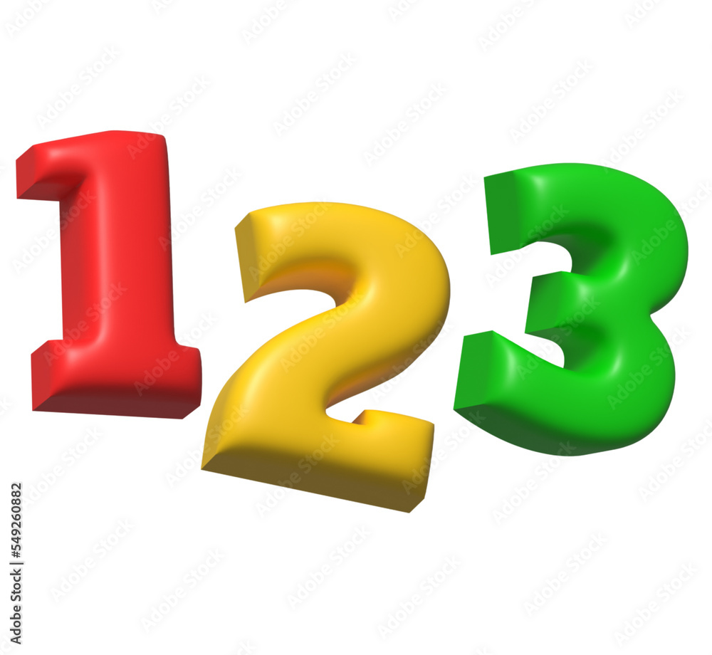 3D Isolated 123 numbers with white background - red, yellow, green kids color 3D Isolated 123 numbers with white background - red, yellow, green kids color