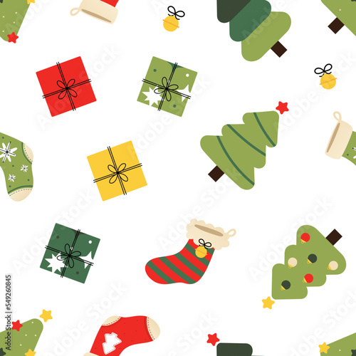Cute decorated christmas socks, colorful gifts, christmas trees vector seamless pattern background for winter holidays design.