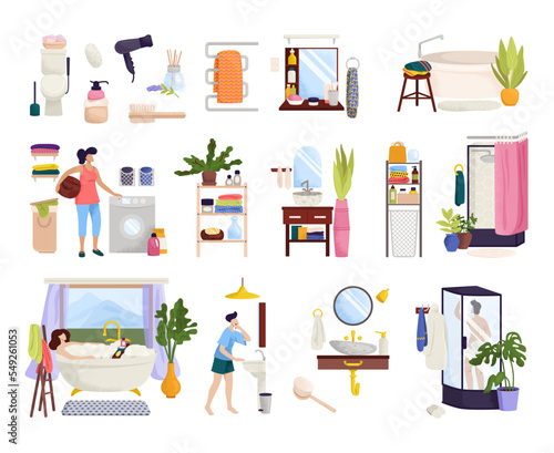 Bathroom decor interior, set vector illustration. Woman character taking bath, man person in shower. Apartment decorating space, cartoon bathroom