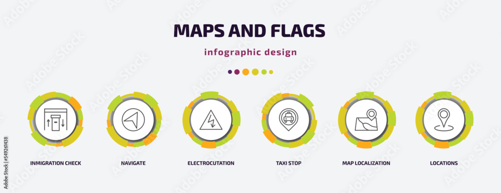 maps and flags infographic template with icons and 6 step or option. maps and flags icons such as inmigration check point, navigate, electrocutation danger, taxi stop, map localization, locations maps and flags infographic template with icons and 6 step or option. maps and flags icons such as inmigration check point, navigate, electrocutation danger, taxi stop, map localization, locations