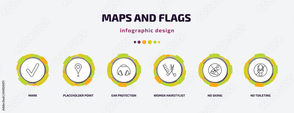 maps and flags infographic template with icons and 6 step or option. maps and flags icons such as mark, placeholder point, ear protection, women hairstylist, no skiing, no toileting vector. can be maps and flags infographic template with icons and 6 step or option. maps and flags icons such as mark, placeholder point, ear protection, women hairstylist, no skiing, no toileting vector. can be