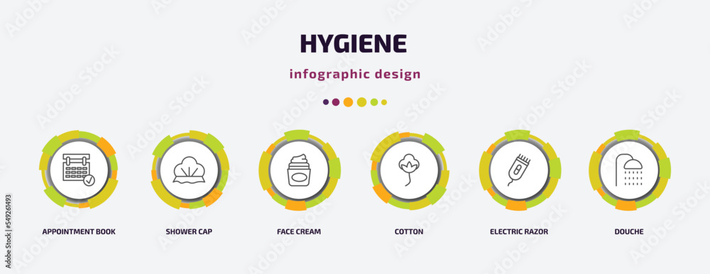hygiene infographic template with icons and 6 step or option. hygiene icons such as appointment book, shower cap, face cream, cotton, electric razor, douche vector. can be used for banner, info hygiene infographic template with icons and 6 step or option. hygiene icons such as appointment book, shower cap, face cream, cotton, electric razor, douche vector. can be used for banner, info