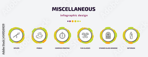 miscellaneous infographic template with icons and 6 step or option. miscellaneous icons such as spears, pebble, compass pointing north, fun glasses, stained glass window, detergen vector. can be