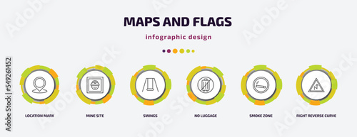 maps and flags infographic template with icons and 6 step or option. maps and flags icons such as location mark, mine site, swings, no luggage, smoke zone, right reverse curve vector. can be used