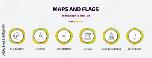 maps and flags infographic template with icons and 6 step or option. maps and flags icons such as no smoking pipe, mount fuji, left intersection, las vegas, crossing road caution, maps flags vector.