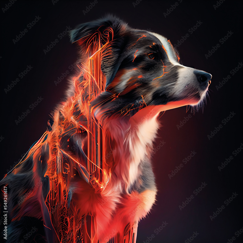 Futuristic border collie with red lights isolated on black background, ai generated art