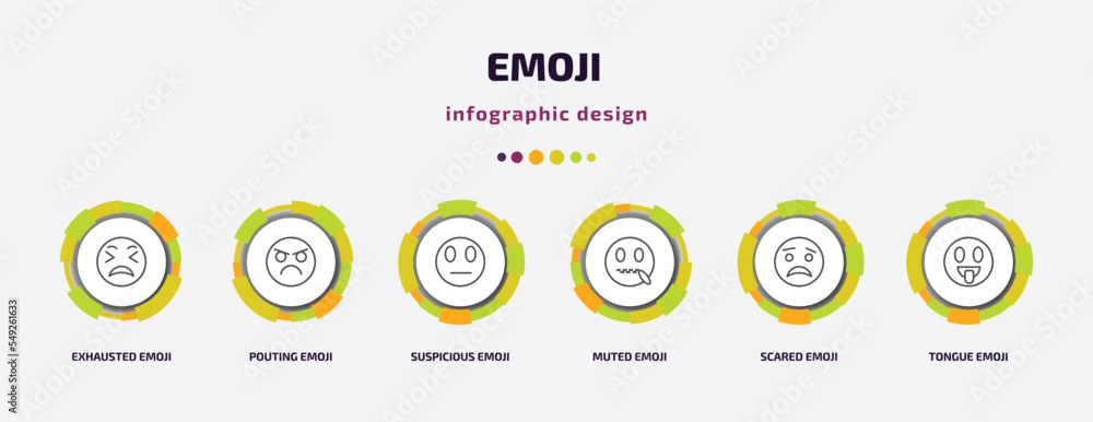 emoji infographic template with icons and 6 step or option. emoji icons such as exhausted emoji, pouting suspicious muted scared tongue vector. can be used for banner, info graph, web, emoji infographic template with icons and 6 step or option. emoji icons such as exhausted emoji, pouting suspicious muted scared tongue vector. can be used for banner, info graph, web,