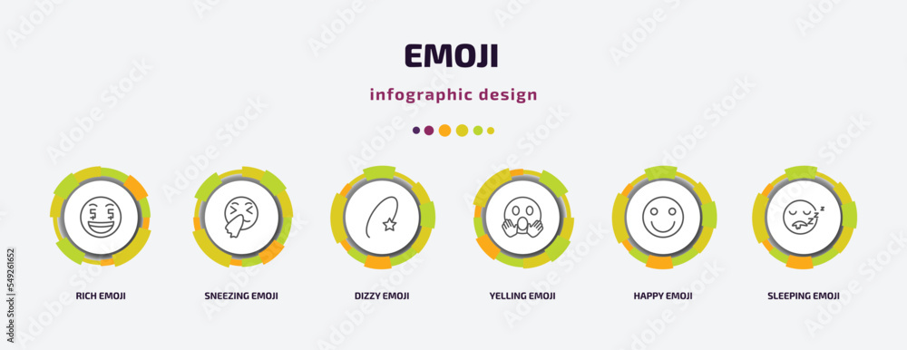 emoji infographic template with icons and 6 step or option. emoji icons such as rich emoji, sneezing dizzy yelling happy sleeping vector. can be used for banner, info graph, web, presentations. emoji infographic template with icons and 6 step or option. emoji icons such as rich emoji, sneezing dizzy yelling happy sleeping vector. can be used for banner, info graph, web, presentations.