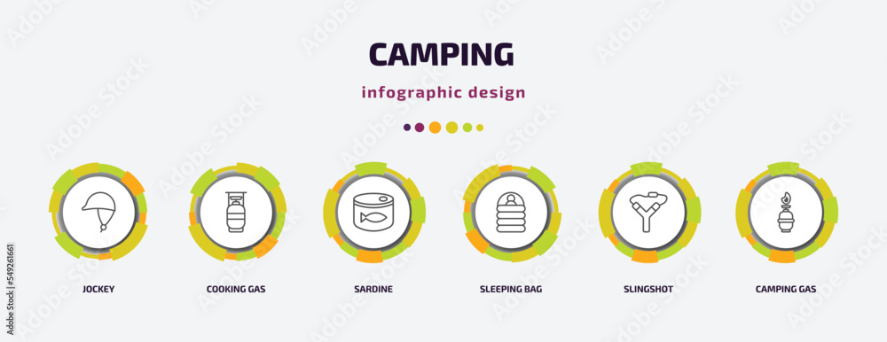 camping infographic template with icons and 6 step or option. camping icons such as jockey, cooking gas, sardine, sleeping bag, slingshot, camping gas vector. can be used for banner, info graph, camping infographic template with icons and 6 step or option. camping icons such as jockey, cooking gas, sardine, sleeping bag, slingshot, camping gas vector. can be used for banner, info graph,