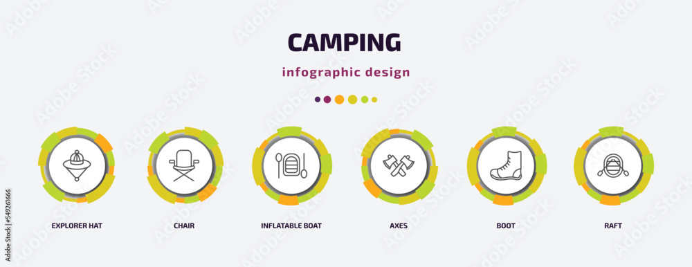 camping infographic template with icons and 6 step or option. camping icons such as explorer hat, chair, inflatable boat, axes, boot, raft vector. can be used for banner, info graph, web, camping infographic template with icons and 6 step or option. camping icons such as explorer hat, chair, inflatable boat, axes, boot, raft vector. can be used for banner, info graph, web,