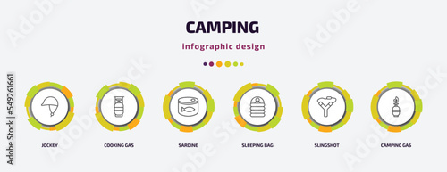 camping infographic template with icons and 6 step or option. camping icons such as jockey, cooking gas, sardine, sleeping bag, slingshot, camping gas vector. can be used for banner, info graph,