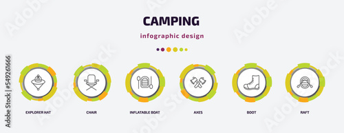 camping infographic template with icons and 6 step or option. camping icons such as explorer hat, chair, inflatable boat, axes, boot, raft vector. can be used for banner, info graph, web,