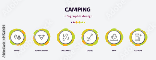 camping infographic template with icons and 6 step or option. camping icons such as forest, hunting trophy, swiss knife, shovel, map, gasoline vector. can be used for banner, info graph, web,