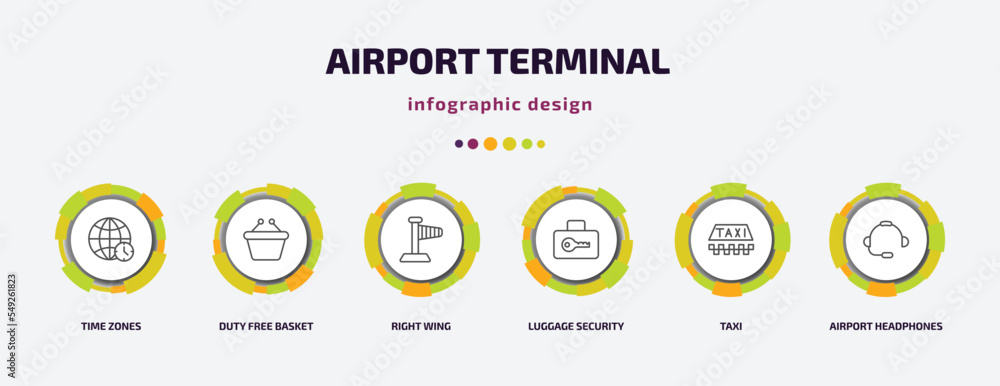 airport terminal infographic template with icons and 6 step or option. airport terminal icons such as time zones, duty free basket, right wing, luggage security, taxi, airport headphones vector. can airport terminal infographic template with icons and 6 step or option. airport terminal icons such as time zones, duty free basket, right wing, luggage security, taxi, airport headphones vector. can