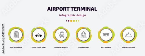airport terminal infographic template with icons and 6 step or option. airport terminal icons such as control check, plane front view, luggage trolley, duty free bag, air company, tray with cover