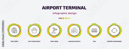 airport terminal infographic template with icons and 6 step or option. airport terminal icons such as time zones, duty free basket, right wing, luggage security, taxi, airport headphones vector. can