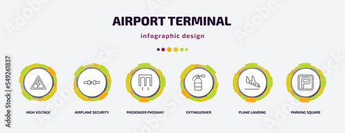 airport terminal infographic template with icons and 6 step or option. airport terminal icons such as high voltage, airplane security belt, passenger passway, extinguisher, plane landing, parking