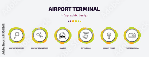 airport terminal infographic template with icons and 6 step or option. airport terminal icons such as airport searchor, down stairs, hangar, sitting dog, tower, vintage camera vector. can be used