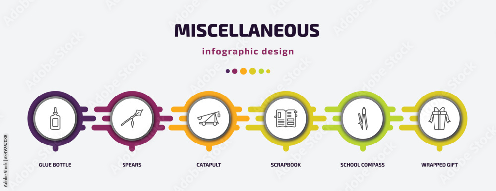 miscellaneous infographic template with icons and 6 step or option. miscellaneous icons such as glue bottle, spears, catapult, scrapbook, school compass, wrapped gift vector. can be used for banner, miscellaneous infographic template with icons and 6 step or option. miscellaneous icons such as glue bottle, spears, catapult, scrapbook, school compass, wrapped gift vector. can be used for banner,