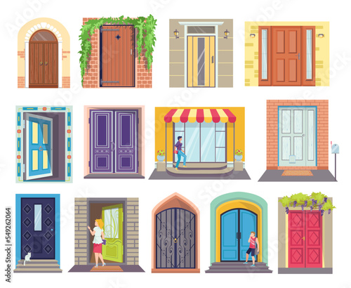 Cartoon designs entrance doors set, vector illustration. Stylish wooden doors in city apartment. Entrance from street, luxurious entrance with porch