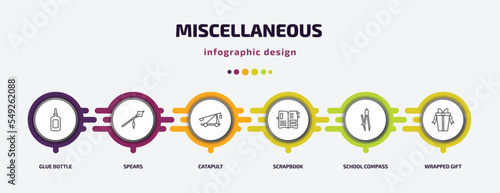 miscellaneous infographic template with icons and 6 step or option. miscellaneous icons such as glue bottle, spears, catapult, scrapbook, school compass, wrapped gift vector. can be used for banner,