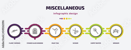 miscellaneous infographic template with icons and 6 step or option. miscellaneous icons such as flame thrower, stained glass window, muay thai, scissor, carpet beater, wringer vector. can be used