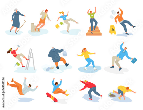 Collection stickers with falling people, vector illustration. Adult man woman character fall on slippery surface. Dangerous action, hurted person.