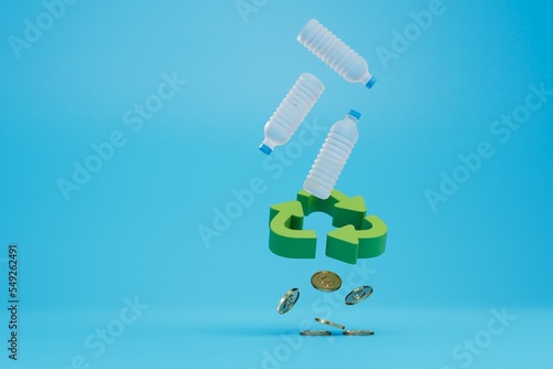 earnings on plastic recycling. plastic bottles, recycling badge and coins on a blue background. 3D render