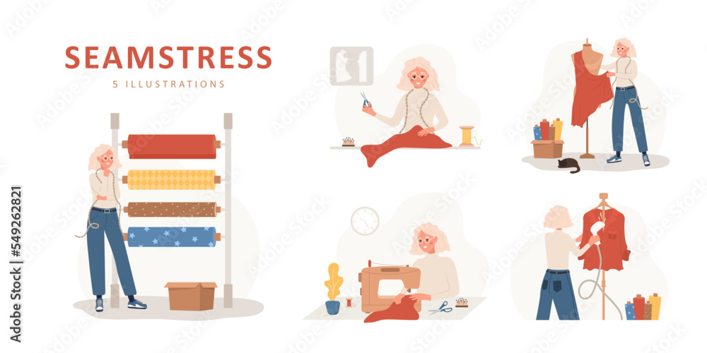 Sewing concept. Elderly woman seamstress sews, cuts, takes measurements and streams clothes. Fashion designer or dressmaker. Vector illustration in flat cartoon style. Hobby concept.