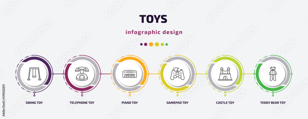 toys infographic template with icons and 6 step or option. toys icons such as swing toy, telephone toy, piano toy, gamepad castle teddy bear vector. can be used for banner, info graph, web, toys infographic template with icons and 6 step or option. toys icons such as swing toy, telephone toy, piano toy, gamepad castle teddy bear vector. can be used for banner, info graph, web,