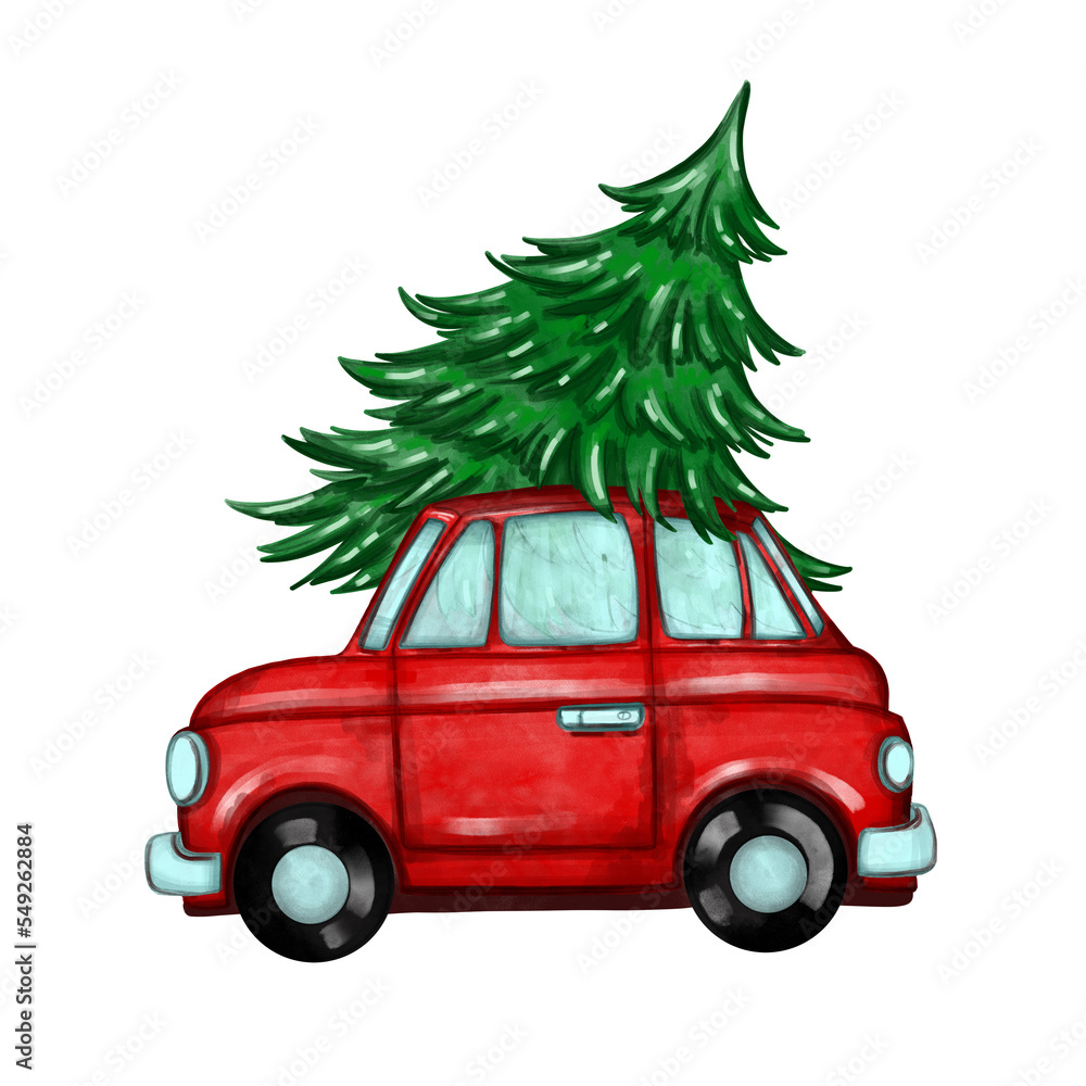 red christmas tree. New Year's illustration of a red car with a green Christmas tree. Illustration for postcards, stationery. Print for sublimation. Printing on textiles or napkins.