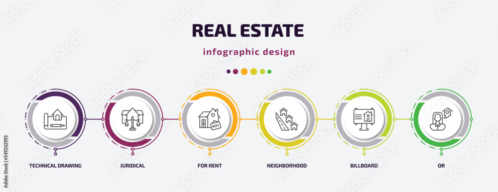 real estate infographic template with icons and 6 step or option. real estate icons such as technical drawing, juridical, for rent, neighborhood, billboard, or vector. can be used for banner, info real estate infographic template with icons and 6 step or option. real estate icons such as technical drawing, juridical, for rent, neighborhood, billboard, or vector. can be used for banner, info