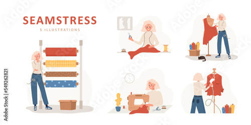 Sewing concept. Elderly woman seamstress sews, cuts, takes measurements and streams clothes. Fashion designer or dressmaker. Vector illustration in flat cartoon style. Hobby concept.