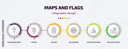 maps and flags infographic template with icons and 6 step or option. maps and flags icons such as placeholder point, vintage, locator, rail crossing, electrocution risk, map localization vector. can