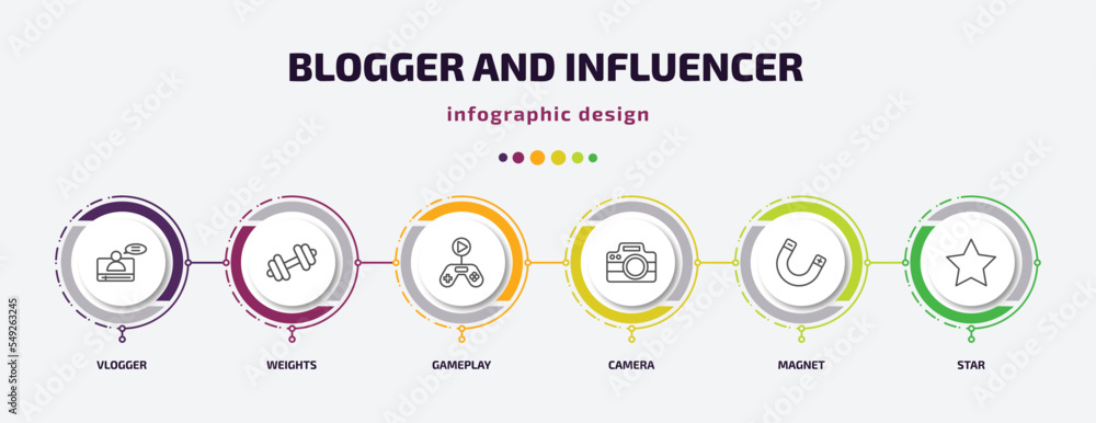 blogger and influencer infographic template with icons and 6 step or option. blogger and influencer icons such as vlogger, weights, gameplay, camera, magnet, star vector. can be used for banner, blogger and influencer infographic template with icons and 6 step or option. blogger and influencer icons such as vlogger, weights, gameplay, camera, magnet, star vector. can be used for banner,