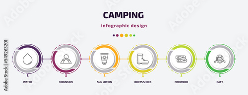 camping infographic template with icons and 6 step or option. camping icons such as water, mountain, sun lotion, boots shoes, firewood, raft vector. can be used for banner, info graph, web,