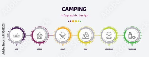 camping infographic template with icons and 6 step or option. camping icons such as log, lodge, chair, map, location, thermos vector. can be used for banner, info graph, web, presentations.