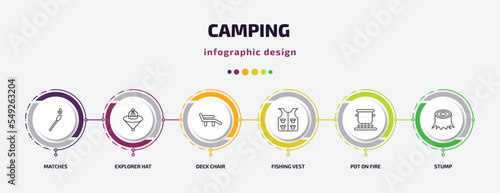 camping infographic template with icons and 6 step or option. camping icons such as matches, explorer hat, deck chair, fishing vest, pot on fire, stump vector. can be used for banner, info graph,
