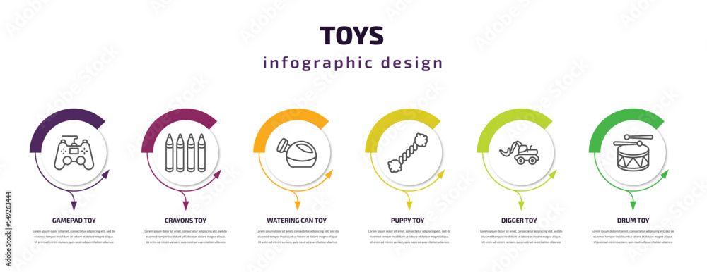 Fototapeta premium toys infographic template with icons and 6 step or option. toys icons such as gamepad toy, crayons toy, watering can toy, puppy digger drum vector. can be used for banner, info graph, web,