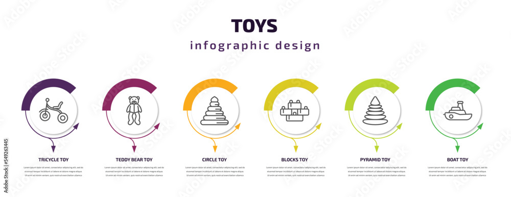 toys infographic template with icons and 6 step or option. toys icons such as tricycle toy, teddy bear toy, circle toy, blocks pyramid boat vector. can be used for banner, info graph, web,