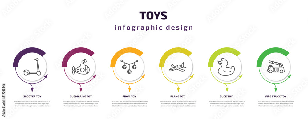 Fototapeta premium toys infographic template with icons and 6 step or option. toys icons such as scooter toy, submarine toy, pram toy, plane duck fire truck vector. can be used for banner, info graph, web,