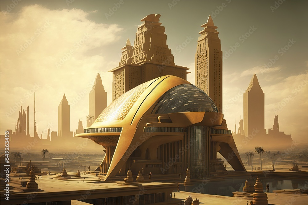 Futuristic Egypt. Sci-fi. Pyramid. Golden futuristic city. concept art ...