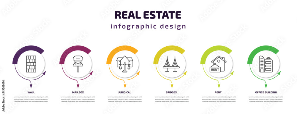 real estate infographic template with icons and 6 step or option. real estate icons such as wall, mailbox, juridical, bridges, rent, office building vector. can be used for banner, info graph, web, real estate infographic template with icons and 6 step or option. real estate icons such as wall, mailbox, juridical, bridges, rent, office building vector. can be used for banner, info graph, web,