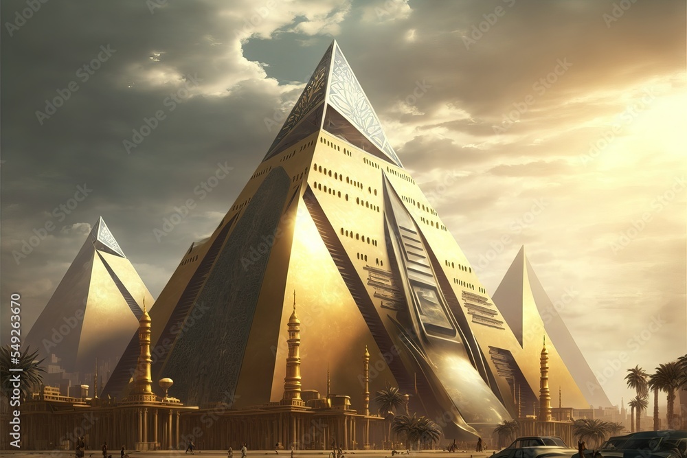 Futuristic Egypt. Sci-fi. Pyramid. Golden futuristic city. concept art ...