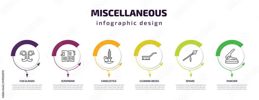 miscellaneous infographic template with icons and 6 step or option. miscellaneous icons such as fun glasses, scrapbook, candlestick, cleaning brush, spears, puncher vector. can be used for banner,